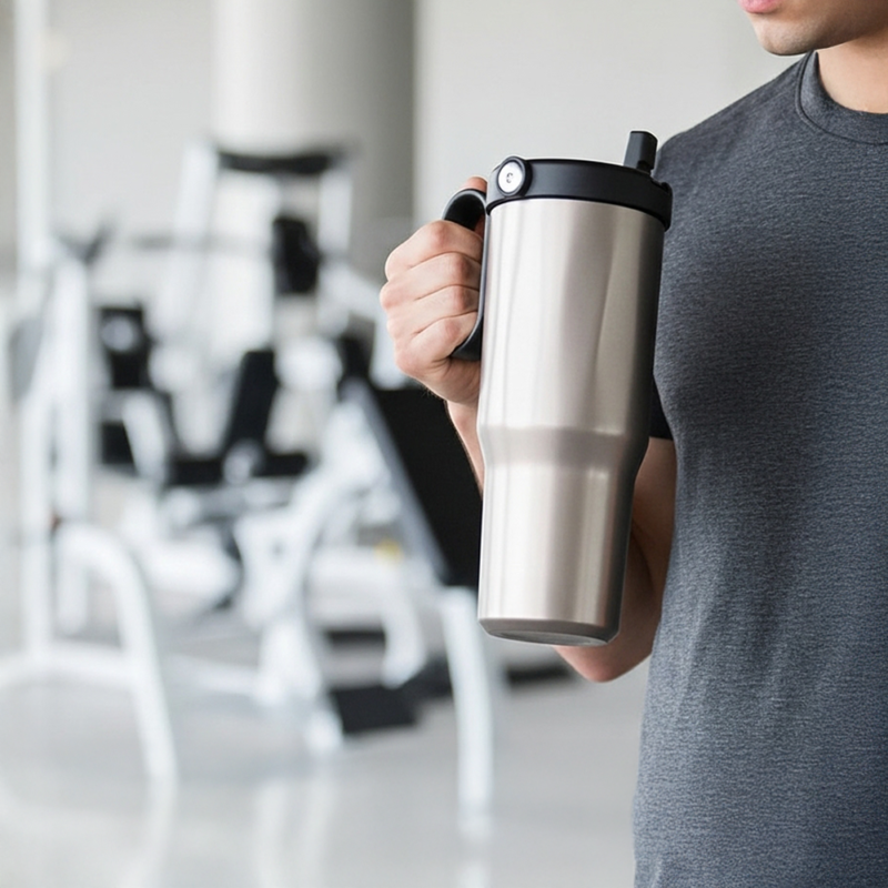 E7066 | EXPLORER Powder Coating – Versatile 900ml Recycled Stainless Steel Mug with Straw - Image 3