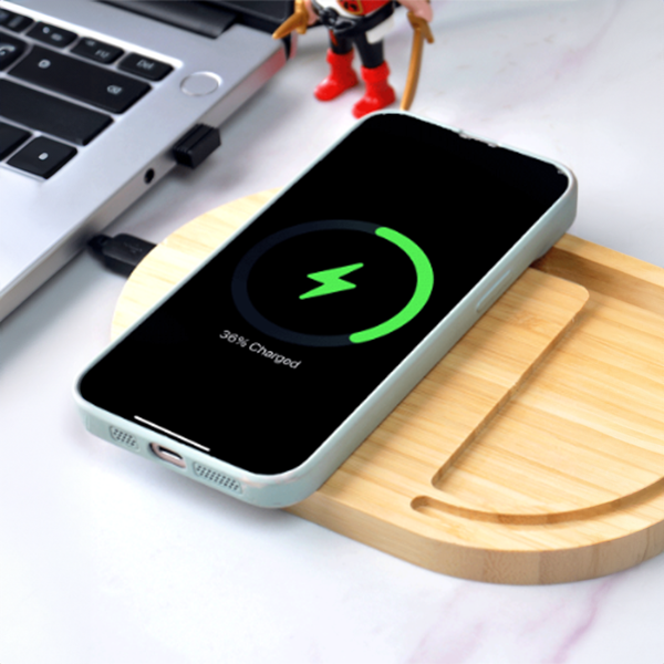 E6057 | ANTI STRESS bambo wireless charger stand – Bamboo Wireless Desktop Spinner with 15W Charging Capability - Image 5