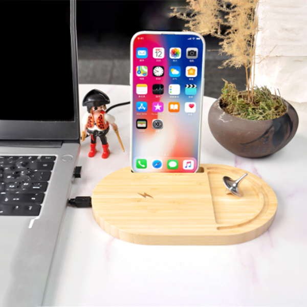 E6057 | ANTI STRESS bambo wireless charger stand – Bamboo Wireless Desktop Spinner with 15W Charging Capability - Image 3