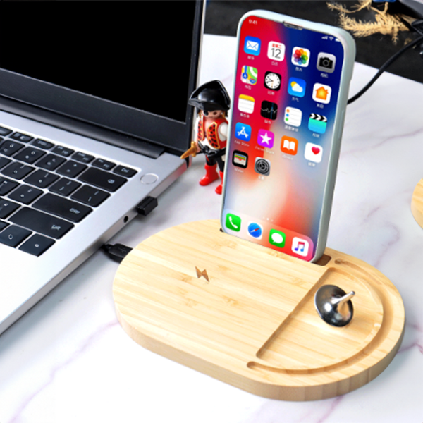 E6057 | ANTI STRESS bambo wireless charger stand – Bamboo Wireless Desktop Spinner with 15W Charging Capability - Image 2